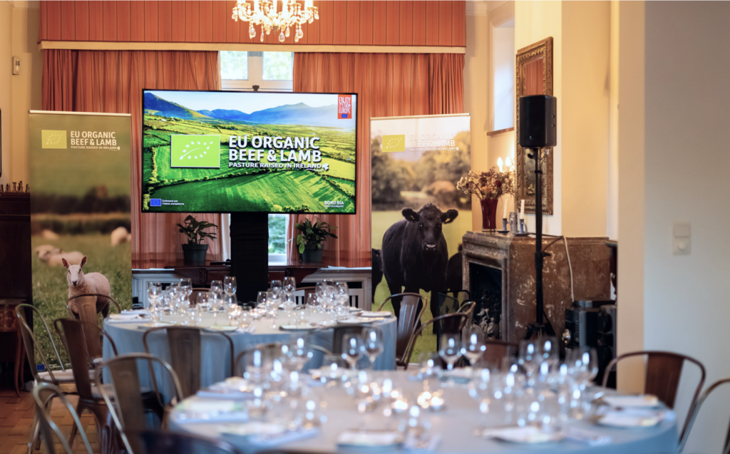 Event venue setup with Bord Bia branding for the EU-funded organic beef and lamb campaign managed by Atlas.