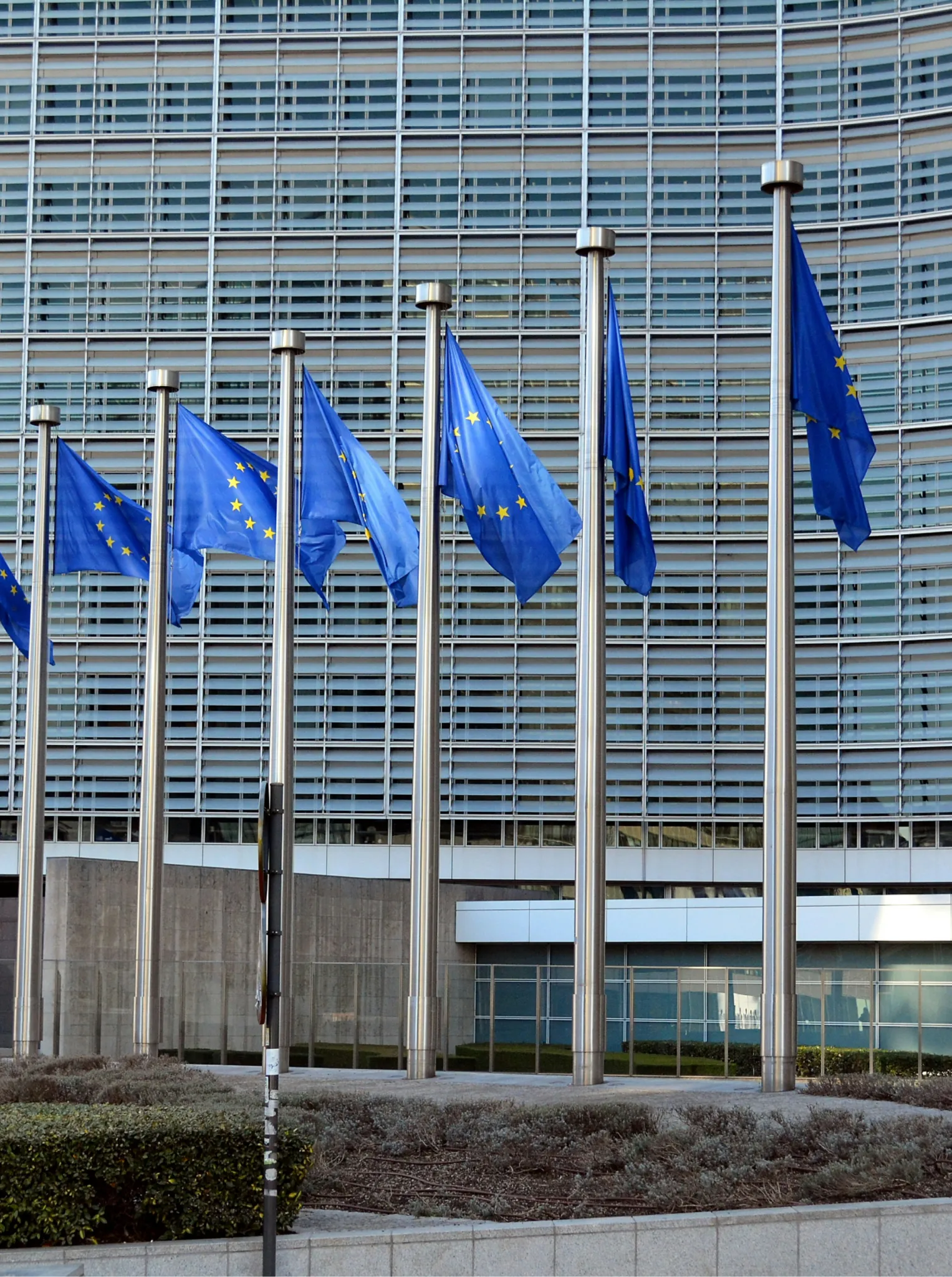 European Union flags in front of a modern institutional building, symbolizing international collaboration and governance.