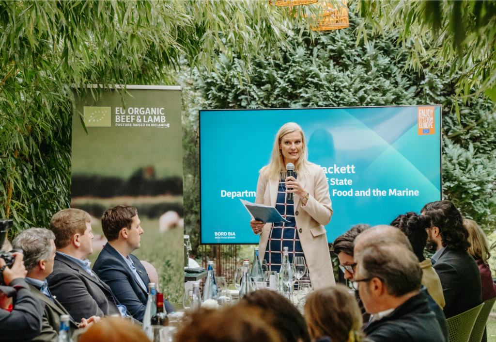 Speaker addressing guests at Bord Bia’s EU-funded organic beef and lamb event coordinated by Atlas.