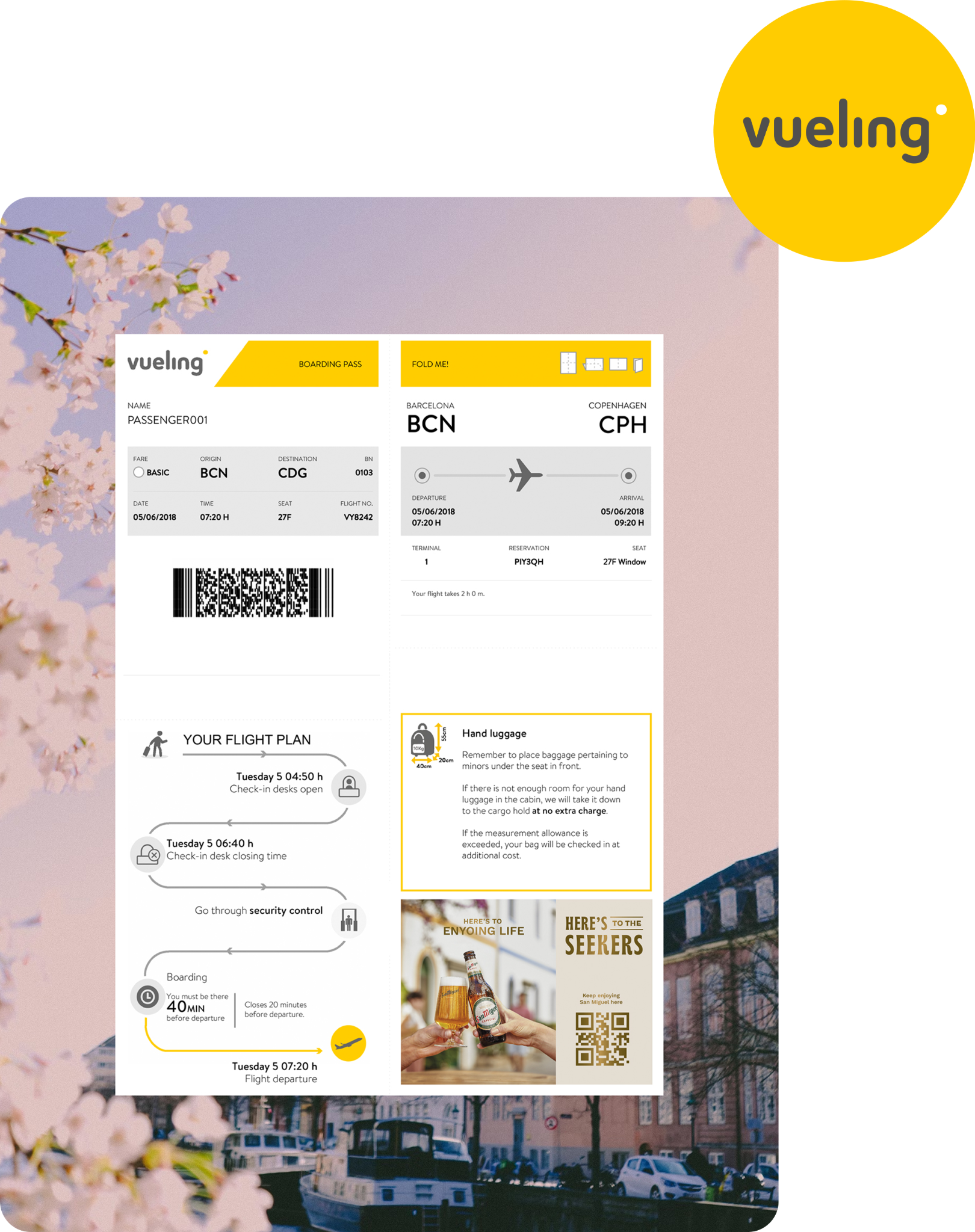Vueling boarding pass mockup with San Miguel ad showing a beer toast.