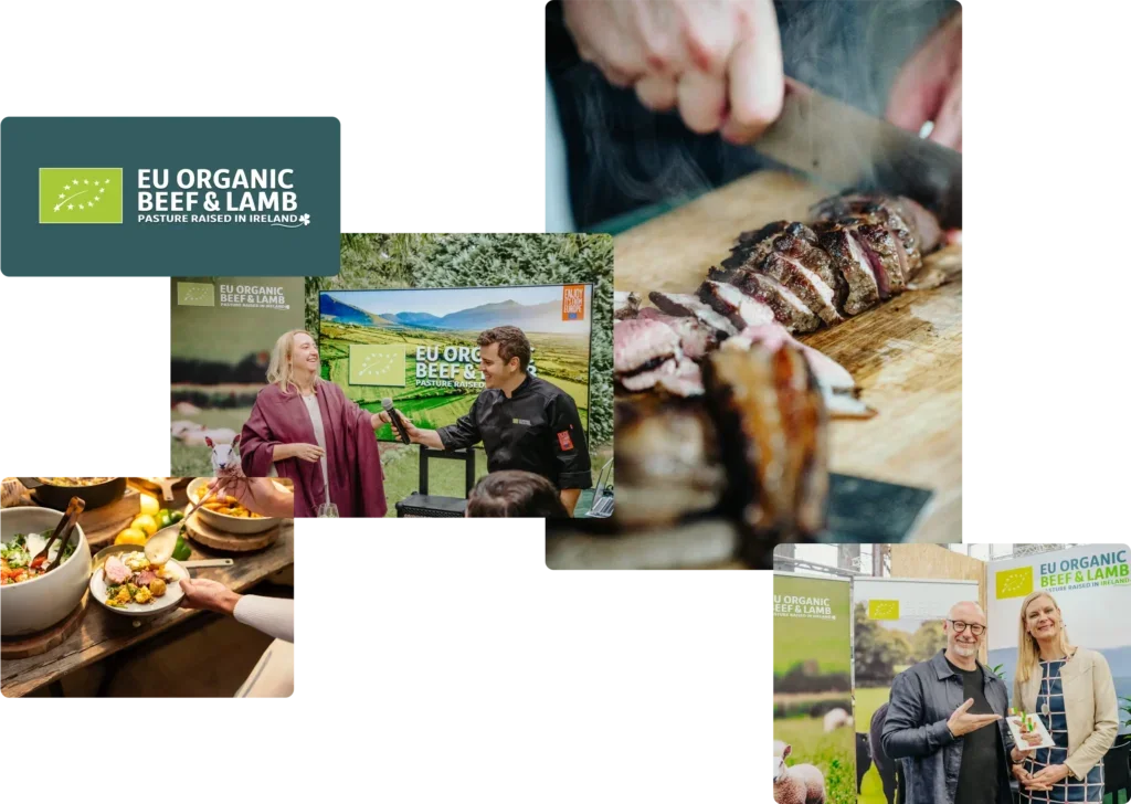Collage of Bord Bia’s EU-funded organic beef and lamb campaign showing B2B events, branding and product demonstrations managed by Atlas.