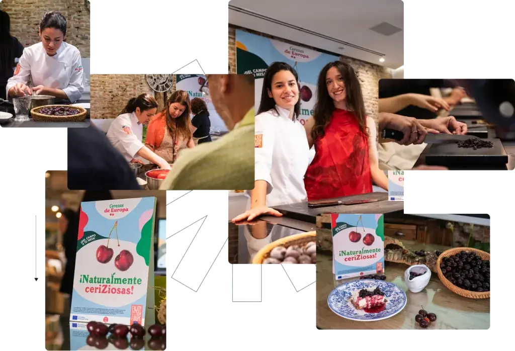 Collage of the European cherries launch event showing campaign materials, chef demonstrations and product presentation coordinated by Atlas.